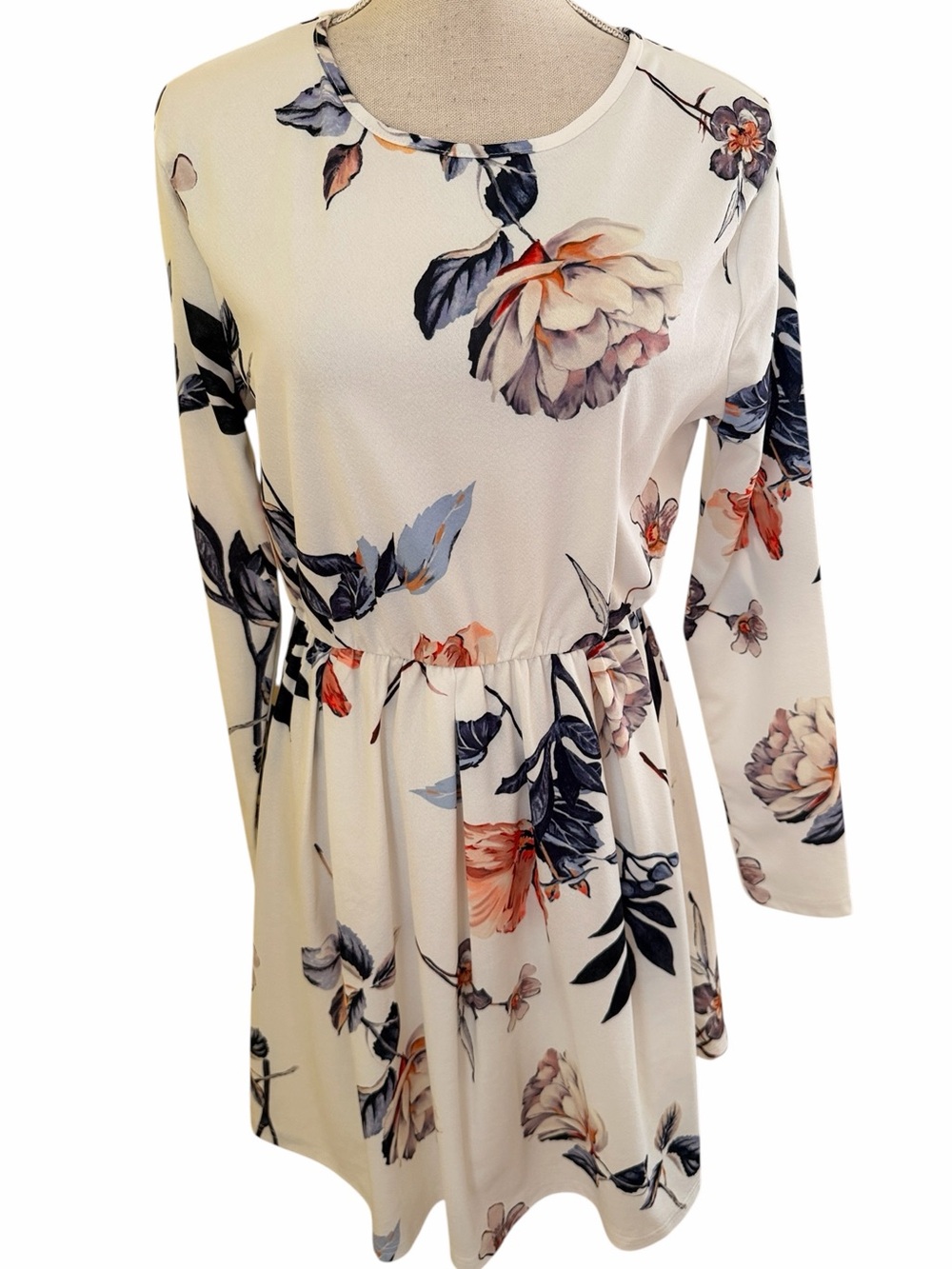 Angashion Cream Muted Floral Long-Sleeve Fit & Flare Dress L